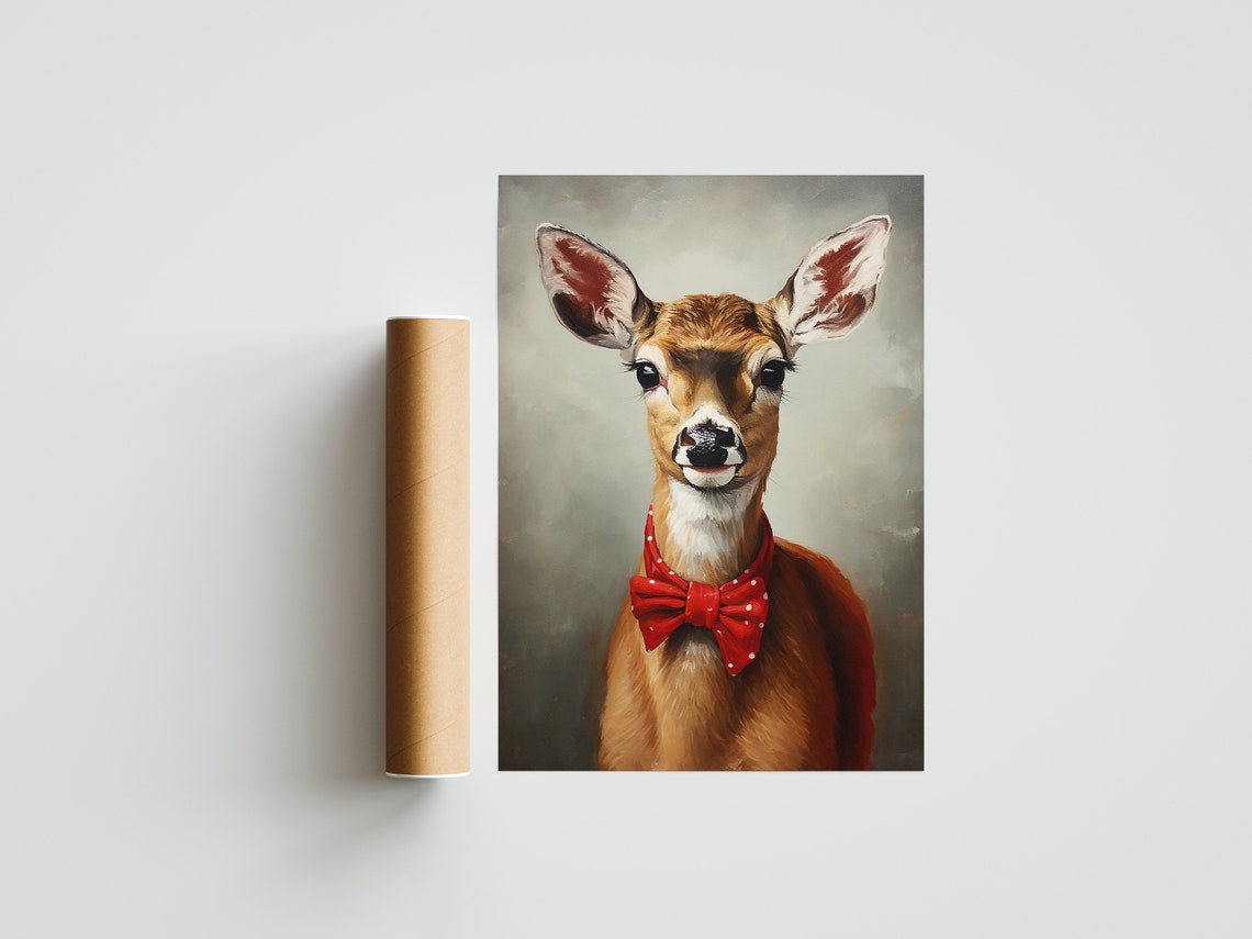 Adorable Young Deer with Red Polka Dot Bow Tie Holiday Poster - Image 3