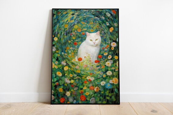 White Cat Among Wildflowers Klimt Style Mosaic Garden Art Poster