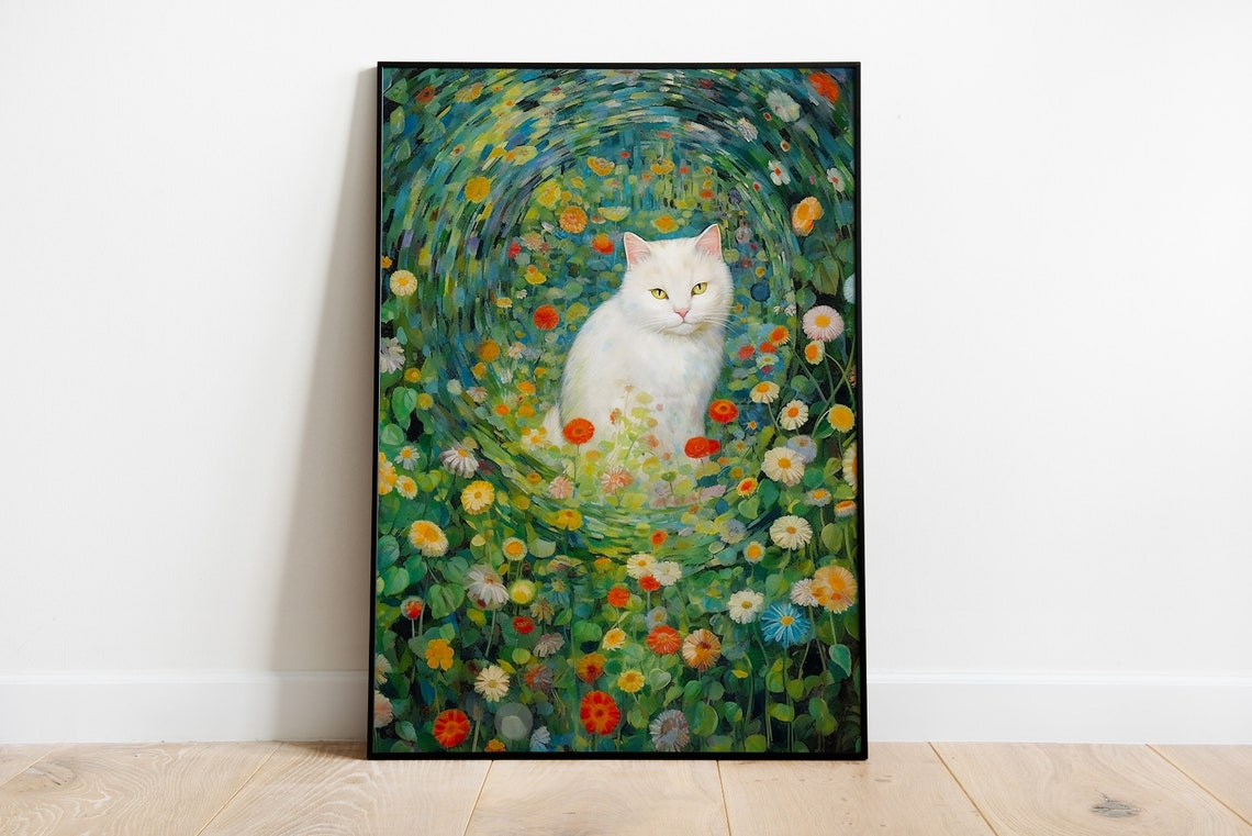 White Cat Among Wildflowers Klimt Style Mosaic Garden Art Poster
