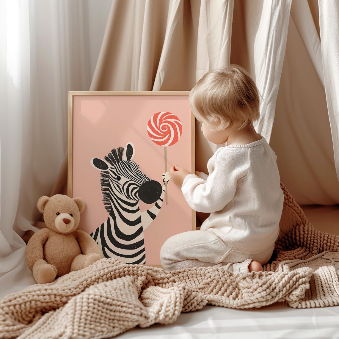 Cute Zebra Holding a Swirly Red Lollipop Pink Nursery Poster - Image 5