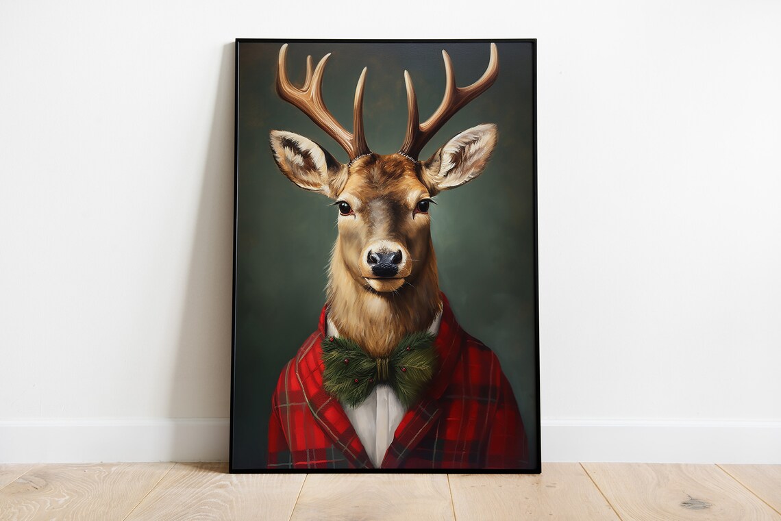 Christmas Reindeer Portrait Art Print, Holiday Wall Art