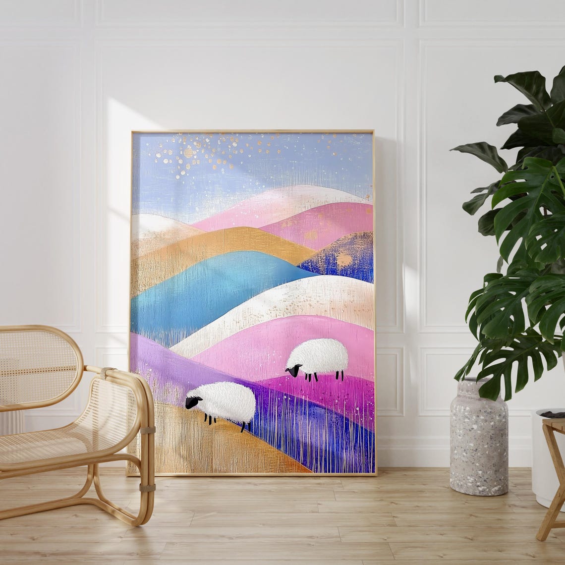 Two Sheep Grazing on Pastel Rainbow Rolling Hills Landscape Poster - Image 2