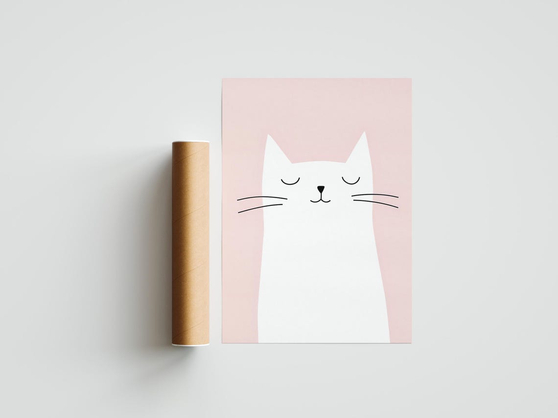 Cute Minimalist Sleeping White Cat Blush Pink Nursery Poster - Image 2