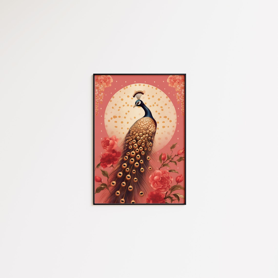 Elegant Golden Peacock under Full Moon Pink Floral Art Poster - Image 4