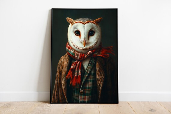 Barn Owl in Winter Scarf Christmas Portrait Festive Wall Art