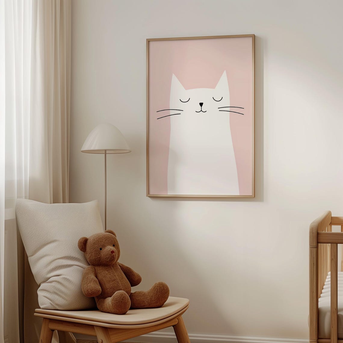 Cute Minimalist Sleeping White Cat Blush Pink Nursery Poster - Image 4