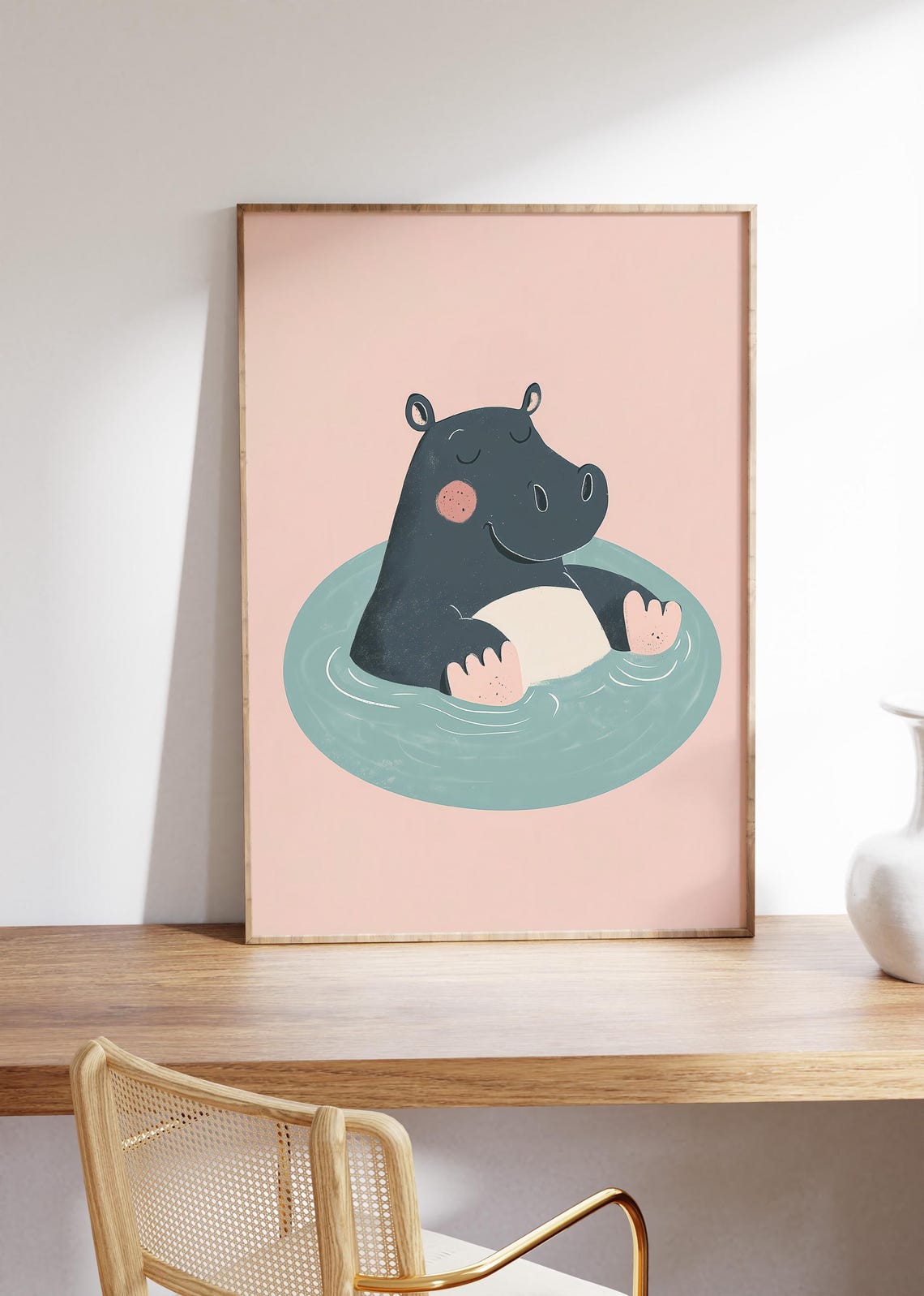 Cute Happy Hippo Soaking in a Pool Blush Pink Nursery Poster - Image 2