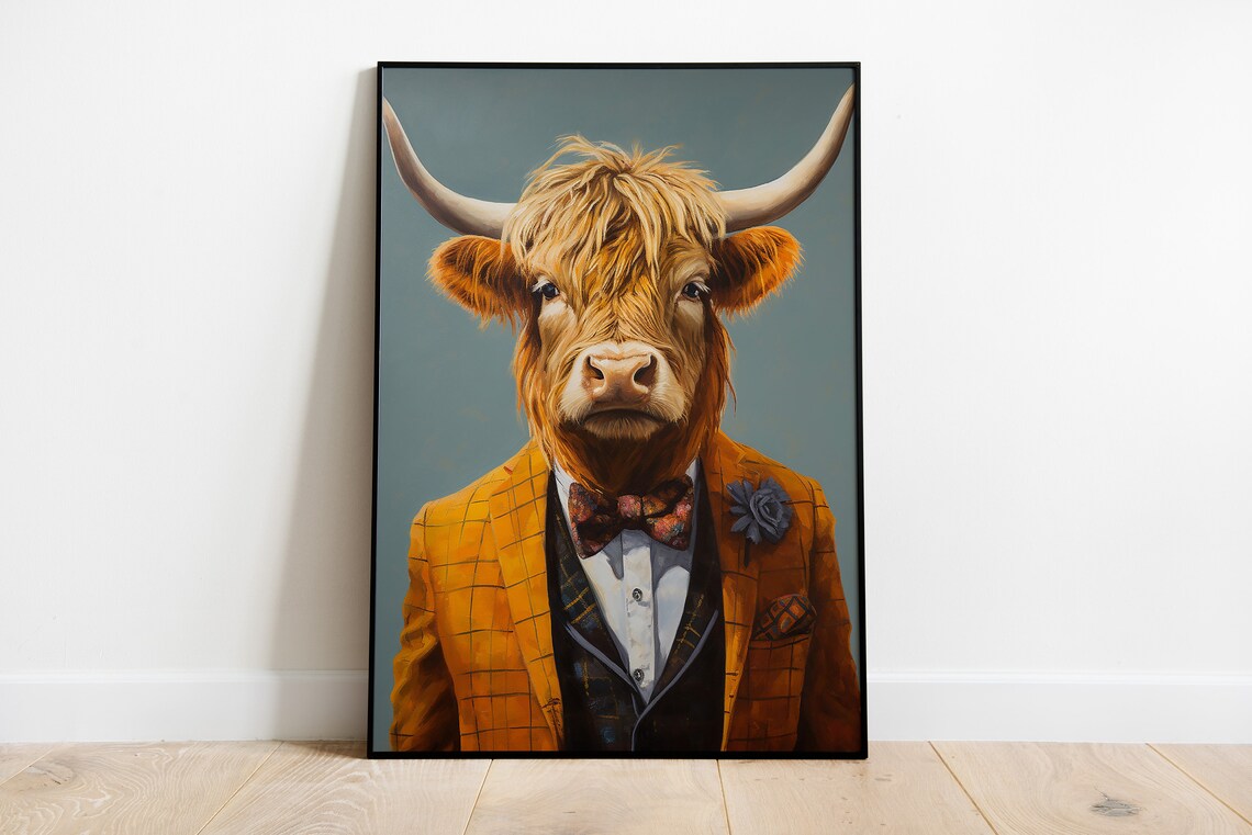 Highland Cow Portrait Art Print, Elegant Farm Animal