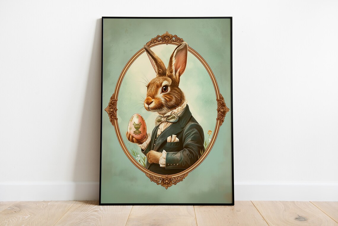 Dapper Gentleman Hare with Bow Tie on Mint Green Easter Portrait Poster