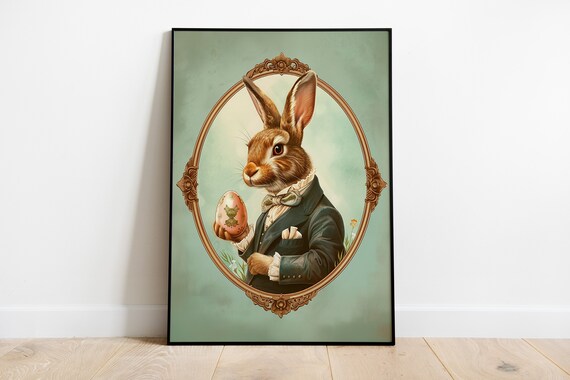 Dapper Gentleman Hare with Bow Tie on Mint Green Easter Portrait Poster