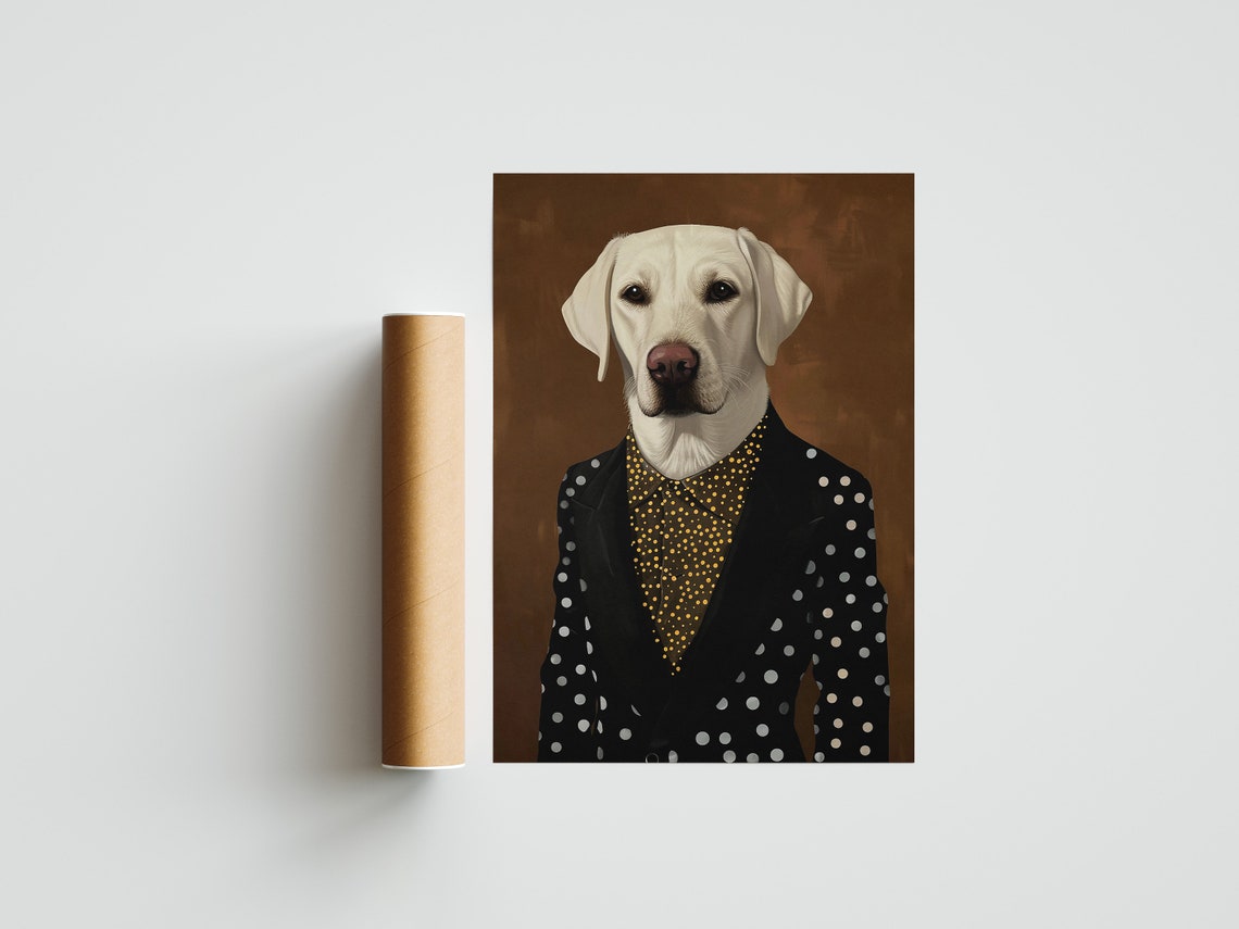Cream Labrador Dog in Stylish Polka Dot Suit Portrait Poster - Image 3