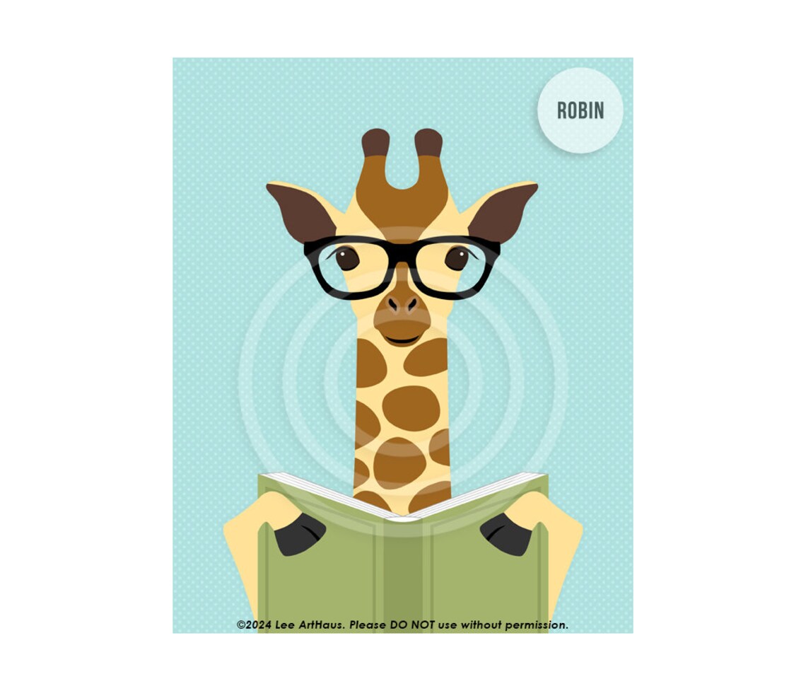 Cute Giraffe Reading Book With Glasses Green Safari Animal Nursery Poster - Image 4
