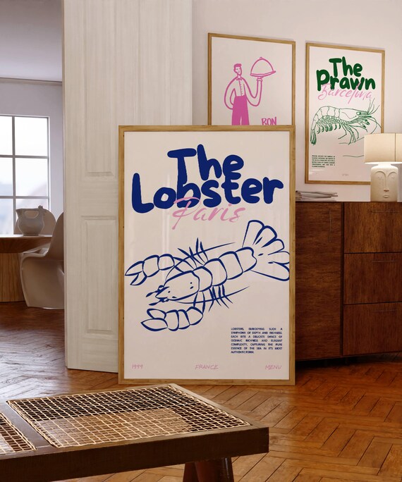 Lobster Print Lobster Poster Seafood Poster Kitchen Decor Pink Blue Wall Art Exhibition Print Kitchen Wall Art Paris Print Food Art