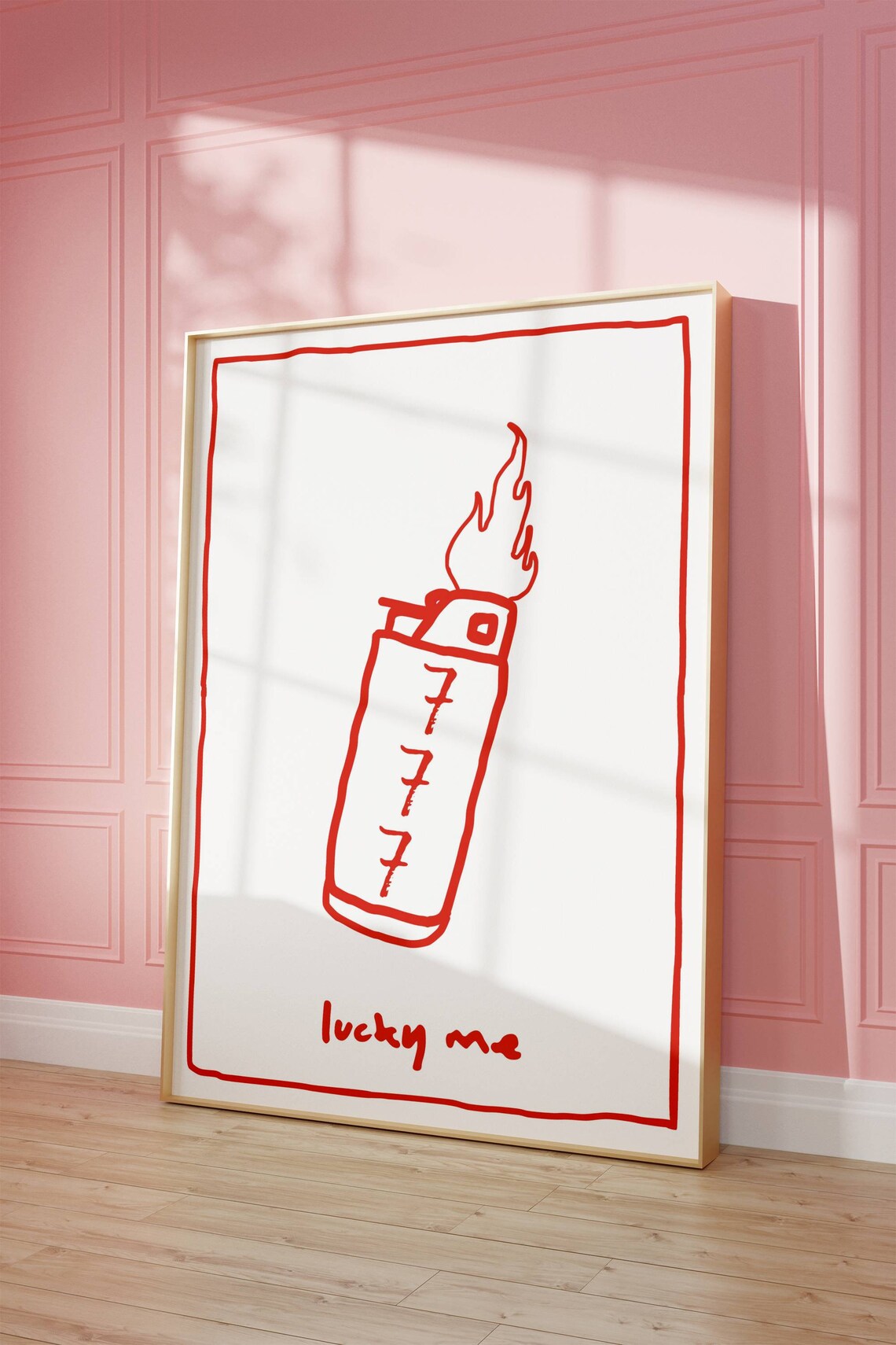 Lucky Me 777 Red Line Drawing Lighter Minimalist Good Luck Charm Poster