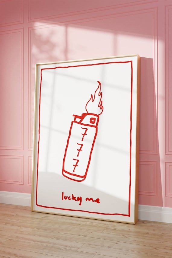Lucky Me 777 Red Line Drawing Lighter Minimalist Good Luck Charm Poster