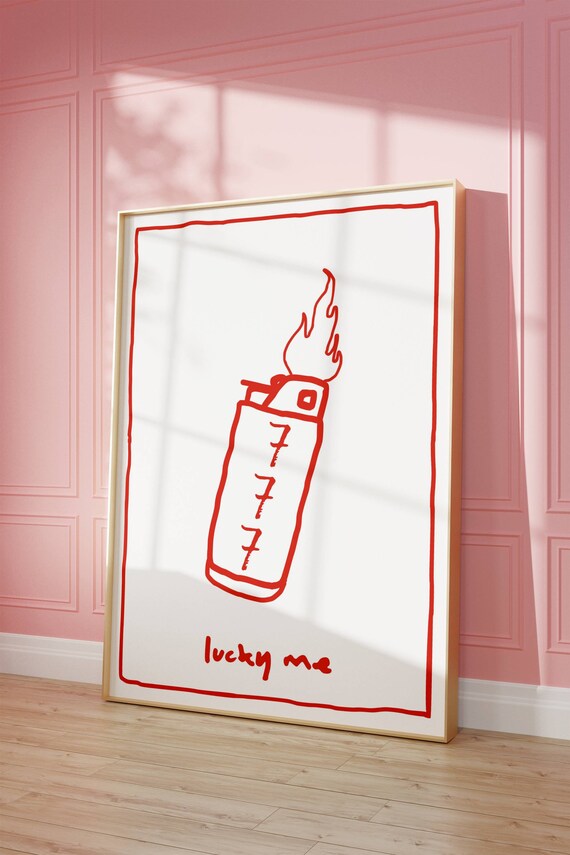 Lucky Me Poster You Vintage Print 70s Wall Art 777 Retro Bar Cart Red Trendy Modern