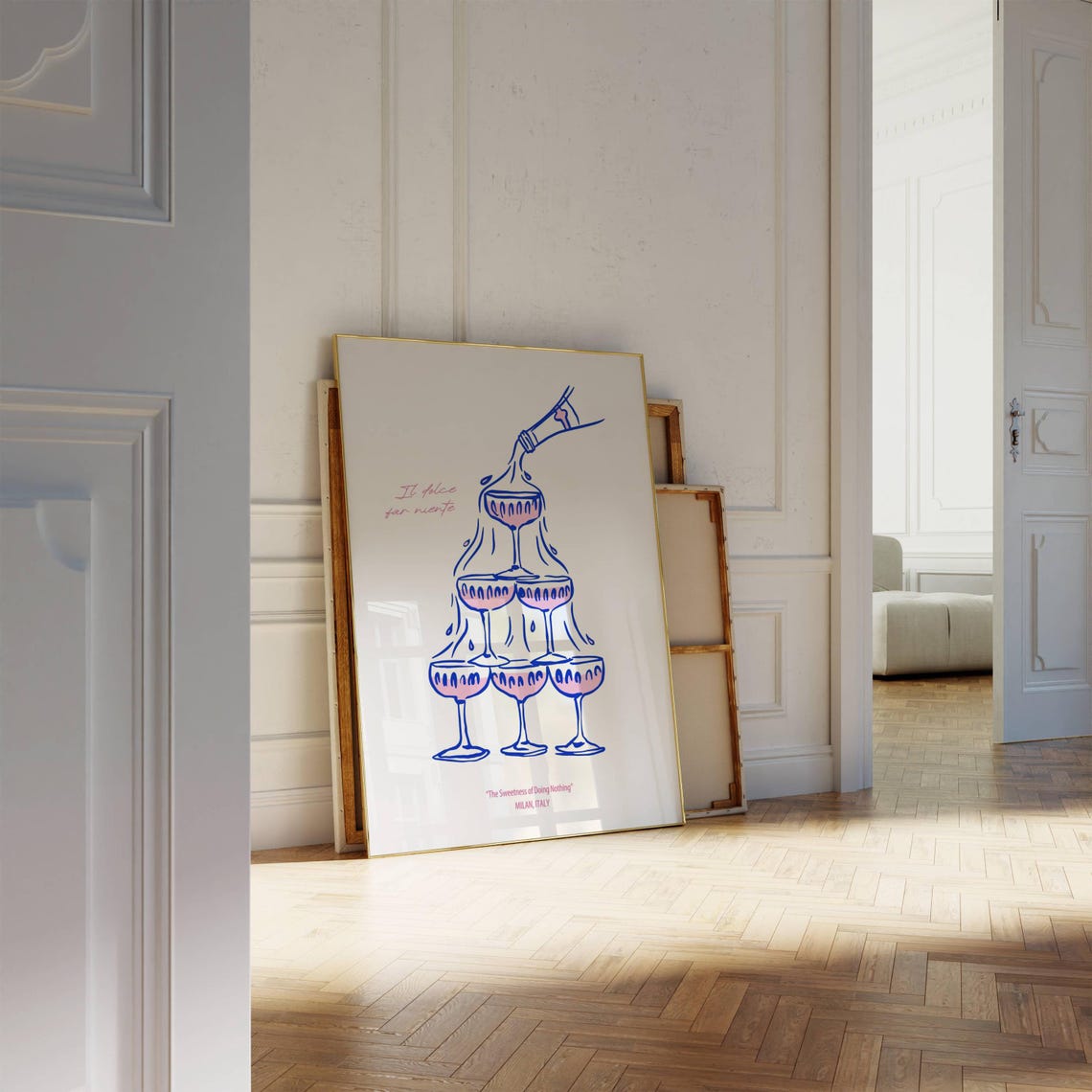 Il Dolce Far Niente Milan Champagne Tower Blue Line Art Poster - Image 4
