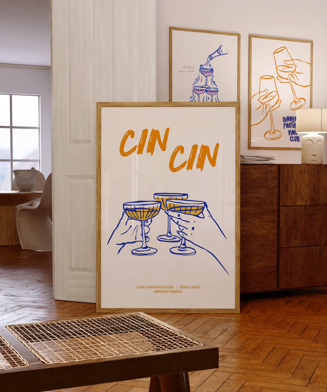 Cin Cin Champagne Coupe Toast Elegant Bar Cart Wall Art for Hosts
