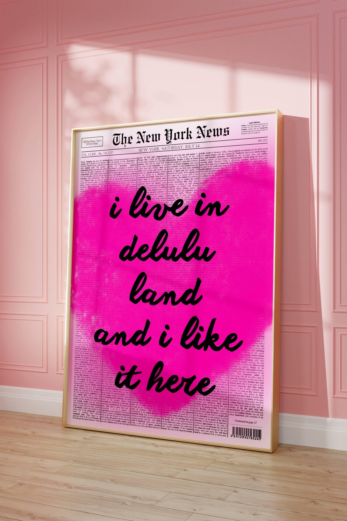 I Live in Delulu Land Funny Trendy Pink Newspaper Quote Art Poster - Image 4