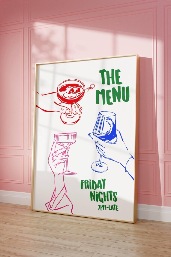 The Menu Friday Nights Colorful Cocktail Hands Cheerful Bar Poster