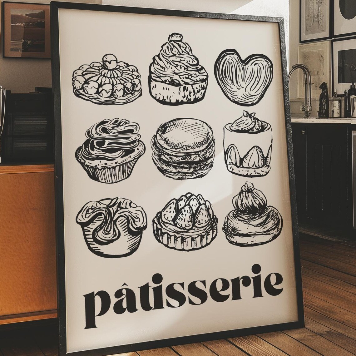 Elegant French Patisserie Pastry Sketch Poster in Black Ink Design