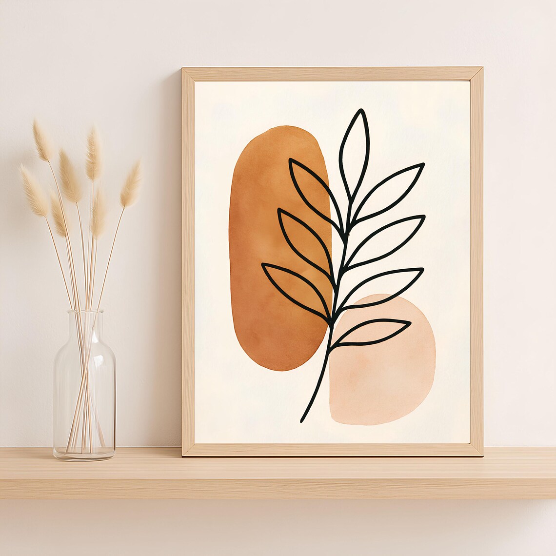 Abstract Botanical Line Art Print Boho Minimalist Wall Decor Terracotta Leaf Poster Neutral Modern Png