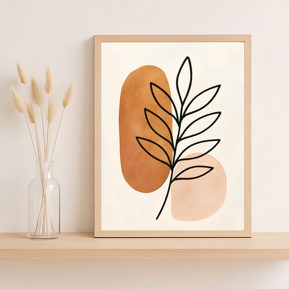Abstract Botanical Line Art Print Boho Minimalist Wall Decor Terracotta Leaf Poster Neutral Modern Png