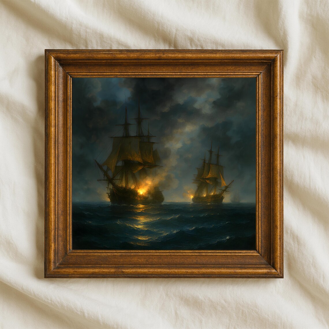 Burning Tall Ships Night Sea Battle Vintage Oil Painting Poster