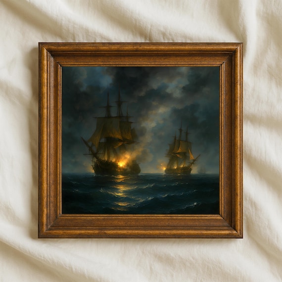 Burning Tall Ships Night Sea Battle Vintage Oil Painting Poster