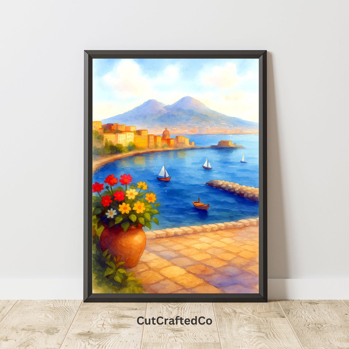 Naples Italy Mount Vesuvius Coast Sailboats Watercolor View Poster