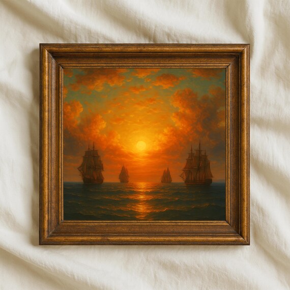 Blazing Sunset Tall Ships Fleet Golden Horizon Seascape Poster