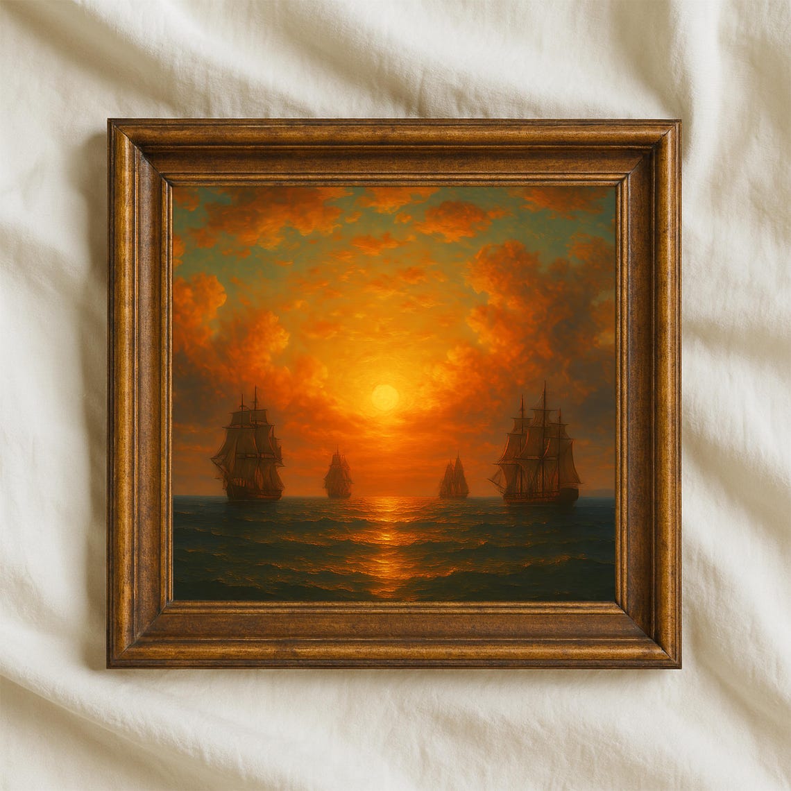 Blazing Sunset Tall Ships Fleet Golden Horizon Seascape Poster