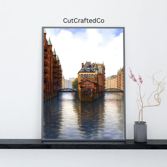Hamburg Wall Art Print Canal Cityscape With Wasserschloss Germany Poster Watercolor Historic Architecture Home Decor