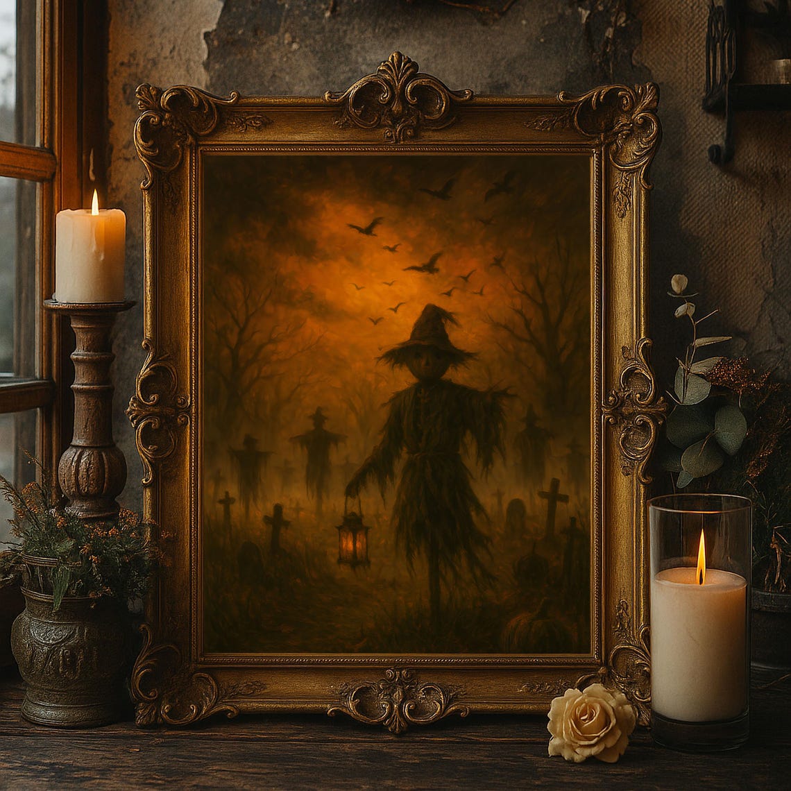 Haunted Scarecrow Lantern Wall Art Gothic Halloween Graveyard Painting Creepy Crow Oil Print Decor
