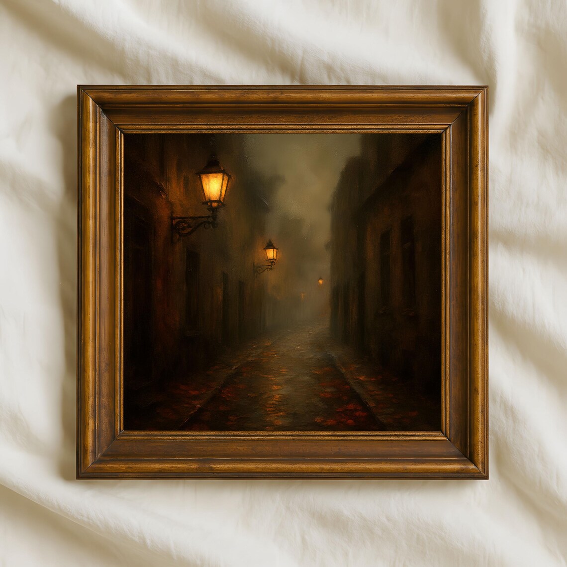 Moody Foggy Autumn Street Night Glowing Lamps Dark Gothic Art Print