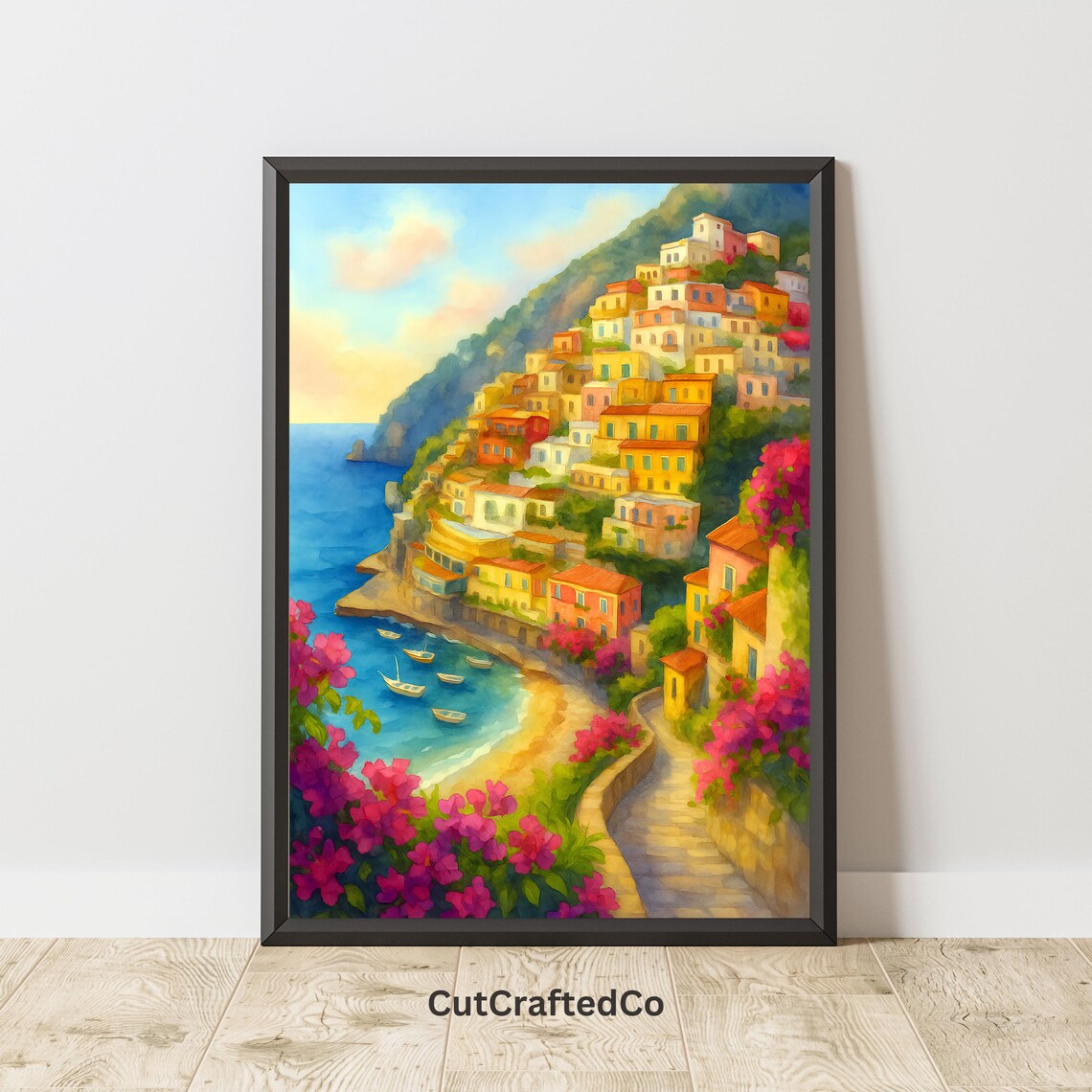 Mediterranean Coastal Cliffside Village Watercolor Seascape Art Poster
