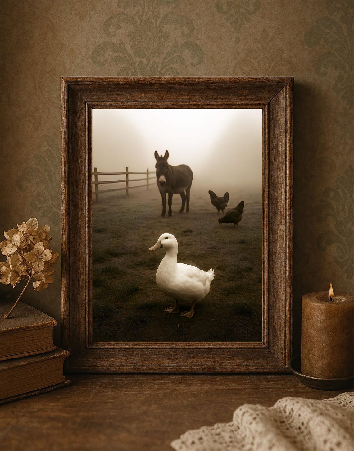 Foggy Farm Animals in Mist Duck Donkey Chickens Vintage Poster