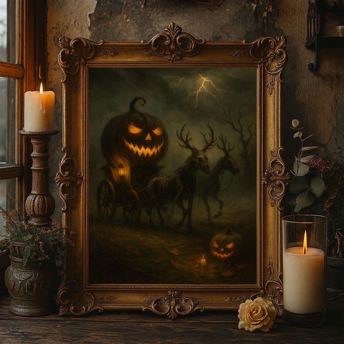 Halloween Pumpkin Carriage Gothic Wall Art Dark Spooky Skeleton Horse Decor