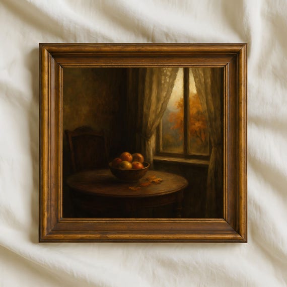 Autumn Still Life Oil Painting Apples By Window Wall Art 11 Square Rustic Farmhouse Print For Cozy Home Decor