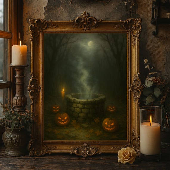 Haunted Well Halloween Wall Art Spooky Pumpkin Graveyard Oil Painting Gothic Artwork Creepy Forest Decor