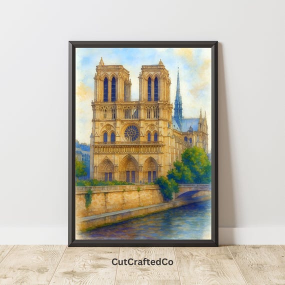 Notredame Cathedral Watercolor Wall Art Paris Gothic Architecture Print French Landmark Painting For Home Decor