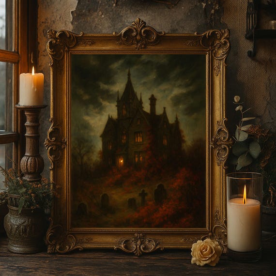 Haunted House Wall Art Gothic Halloween Oil Painting Spooky Mansion Graveyard Decor Creepy Dark