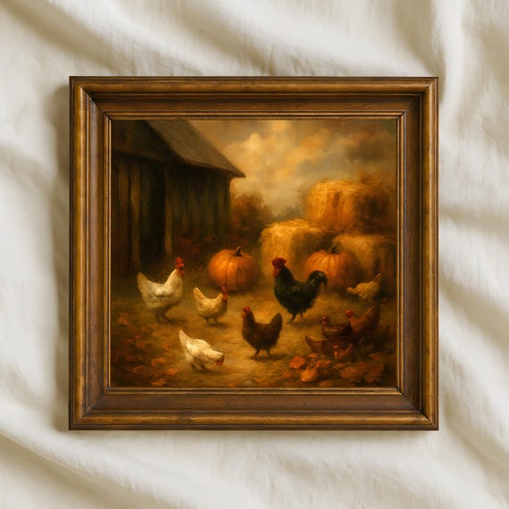 Rustic Autumn Farmhouse Wall Art Chicken Coop With Pumpkins Hay Painting Country Fall Harvest Decor