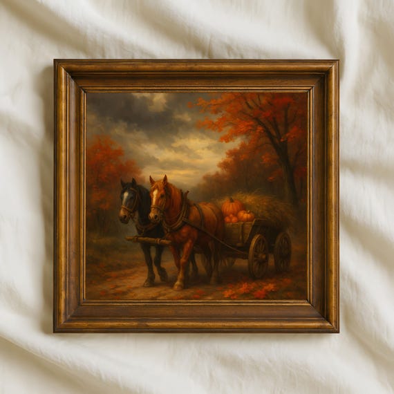 Oil Painted Autumn Horses Rustic Fall Wagon With Pumpkins Wall Decor Farmhouse Country Artwork Print