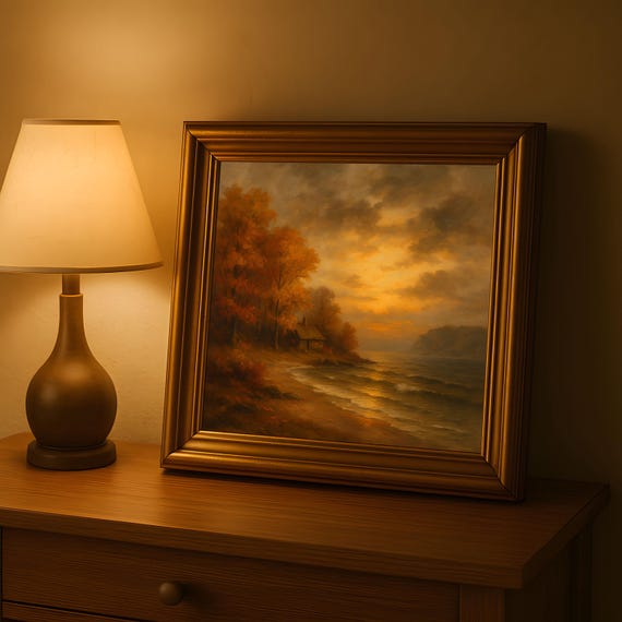 Autumn Lake Sunset Oil Painted Rustic Fall Cabin By The Water Wall Decor Cozy Landscape Artwork Print Art