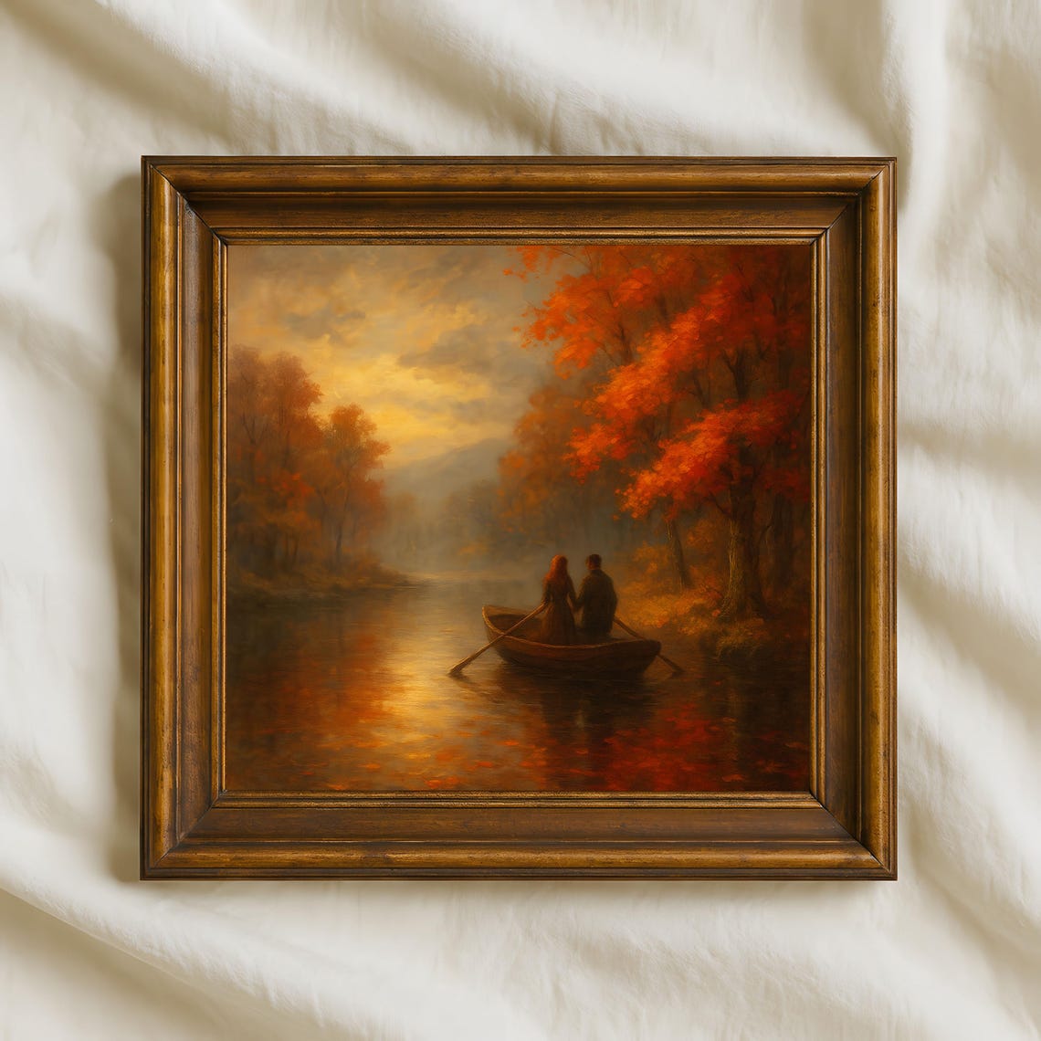 Romantic Couple Rowing Boat Misty Autumn River Sunset Dream Poster