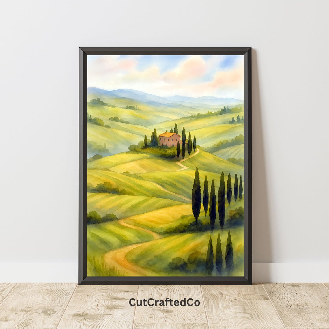 Tuscan Countryside Rolling Hills Watercolor Cypress Villa Art Poster