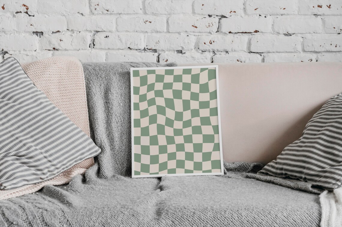 Sage Green Checkered Retro Wavy Checkerboard Art Print - Image 3