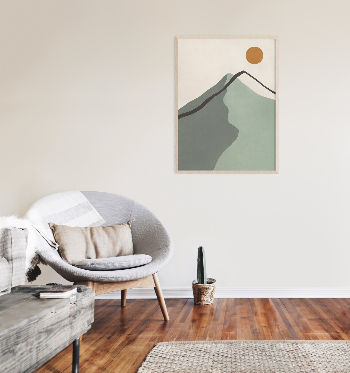 Minimalist Mountain Landscape Abstract Mountain And Sun Print In Sage Green Tones - Image 3