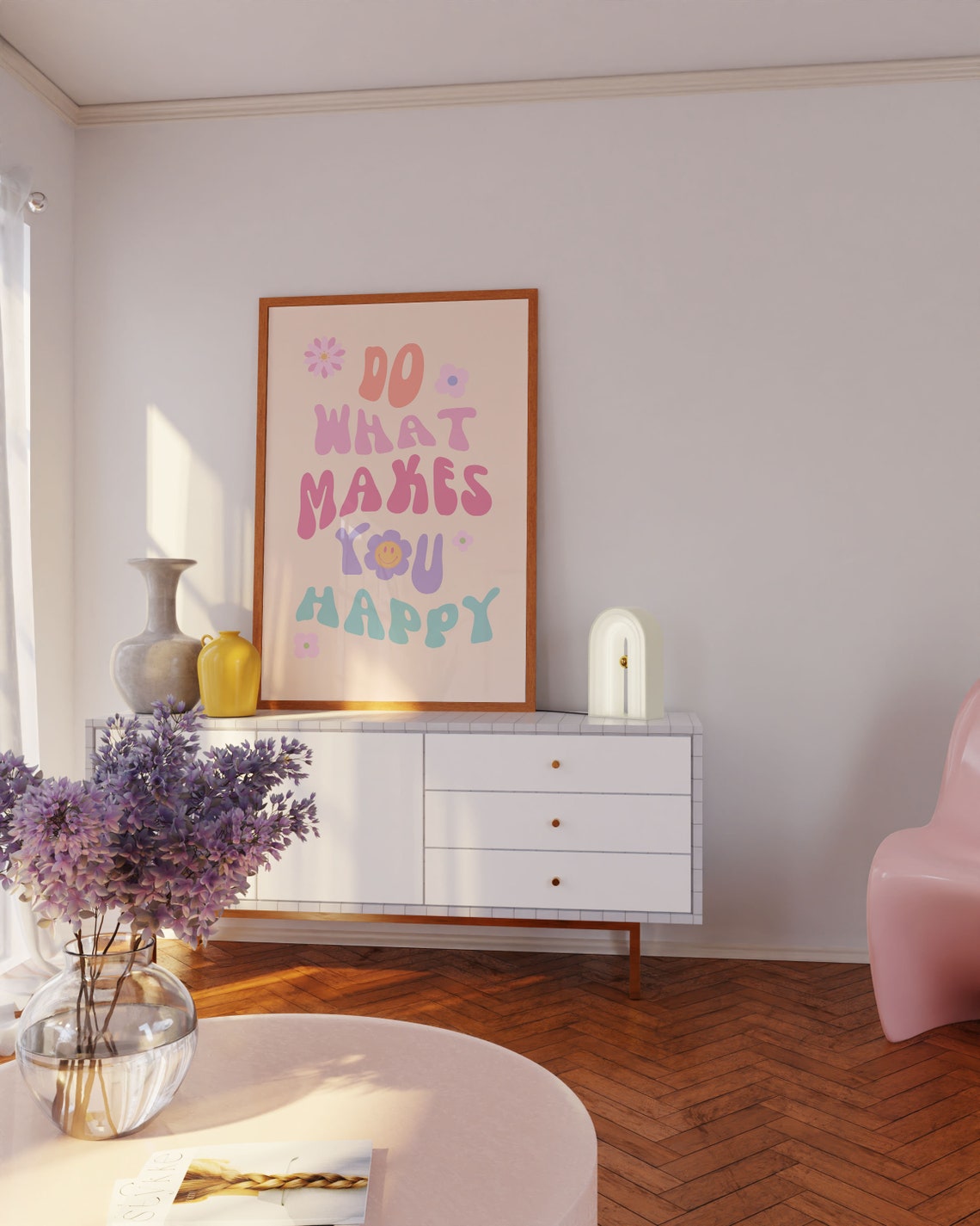 Do What Makes You Happy Retro Groovy Floral Pastel Quote Wall Art - Image 3